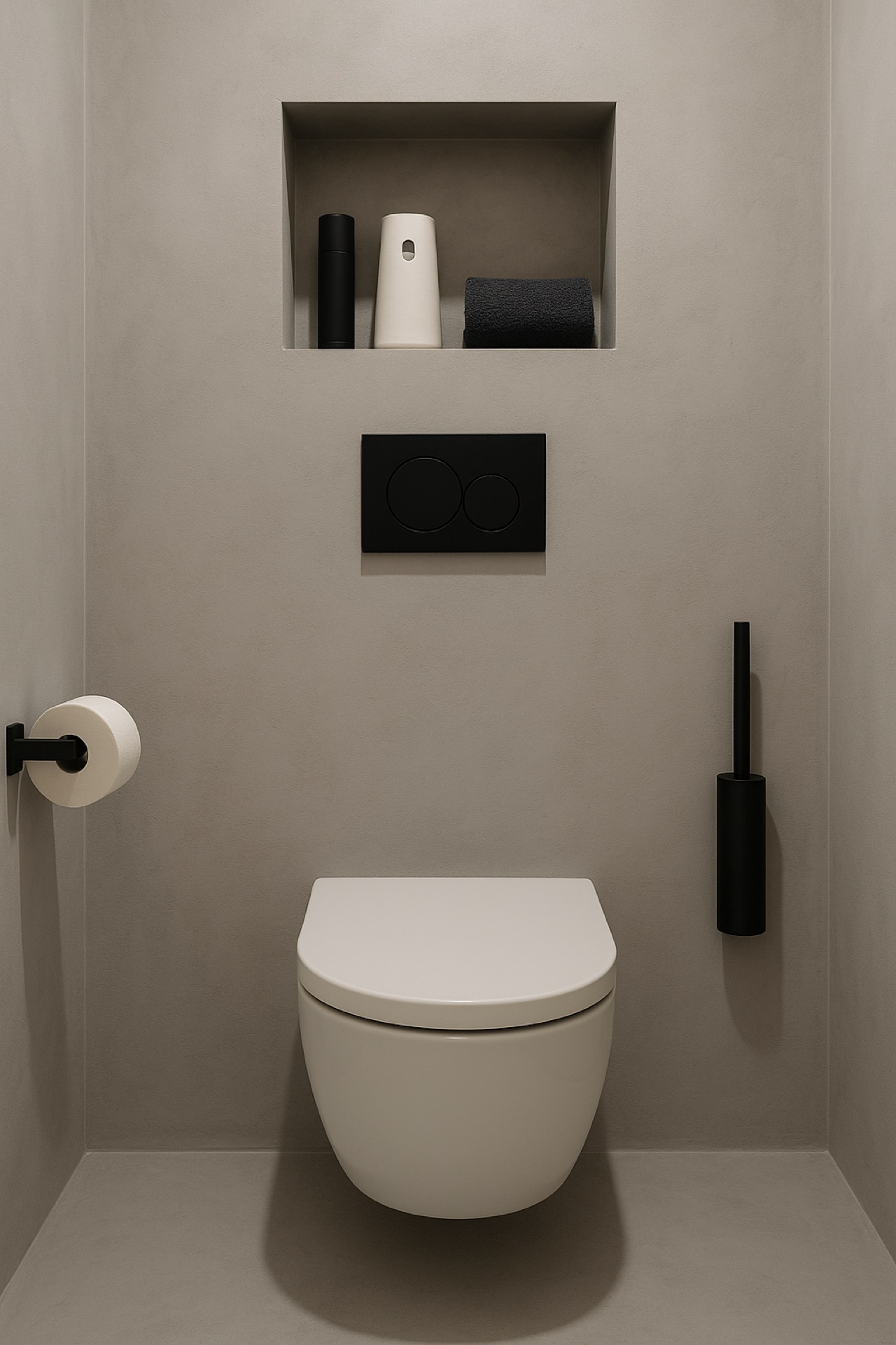 WC-Bereich mit fugenlosem Mikrozement in Warmgrau und Wandnische